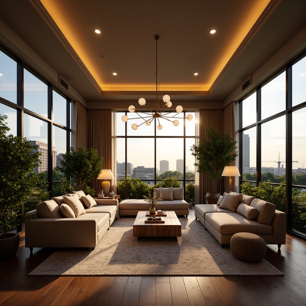 Prompt: Sophisticated living room, warm ambient lighting, soft glow ceiling fixtures, elegant floor lamps, luxurious pendant lights, comfortable sectional sofa, natural wood coffee table, vibrant greenery, large windows, cityscape view, sunny afternoon, warm golden hour, shallow depth of field, 1/2 composition, realistic textures, subtle shadows.