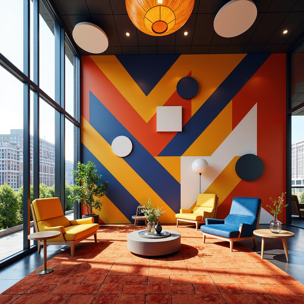 Prompt: Vibrant modern interior, abstract geometric patterns, bold color blocking, sleek minimalist furniture, polished metal accents, textured rugs, dramatic lighting effects, dynamic triangular compositions, circular motifs, hexagonal tiles, chevron wall designs, futuristic architecture influences, urban cityscape views, bright sunny day, shallow depth of field, 1/1 composition, realistic material textures, ambient occlusion.