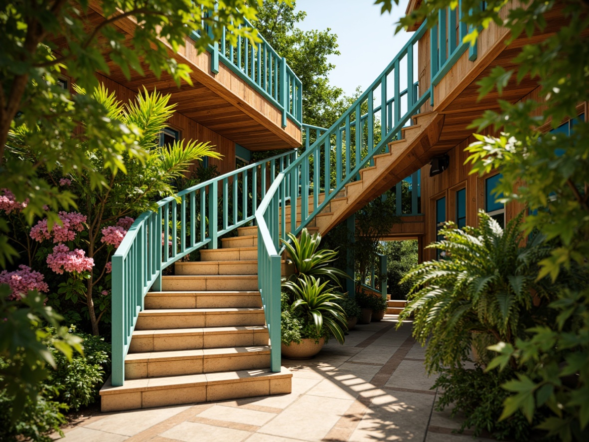 Prompt: Vibrant tropical staircase, exotic wood banisters, bright turquoise handrails, warm beige risers, lush greenery walls, natural stone floors, woven rattan railings, colorful floral patterns, sunny day lighting, soft warm glow, shallow depth of field, 3/4 composition, realistic textures, ambient occlusion.