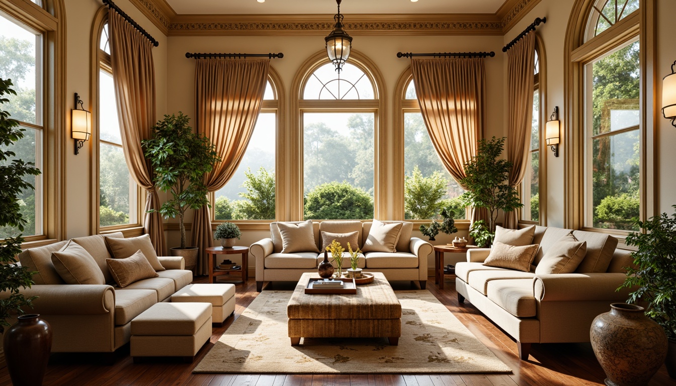 Prompt: Elegant sunroom, classical furnishings, ornate wooden frames, plush velvet sofas, antique bronze hardware, intricate carvings, cream-colored walls, rich walnut floors, luxurious silk drapes, soft golden lighting, vintage armchairs, distressed leather ottomans, decorative ceramic vases, lush greenery, natural stone accents, warm beige tones, classic column designs, subtle archways, refined lines, 1/1 composition, warm color palette, realistic textures, ambient occlusion.