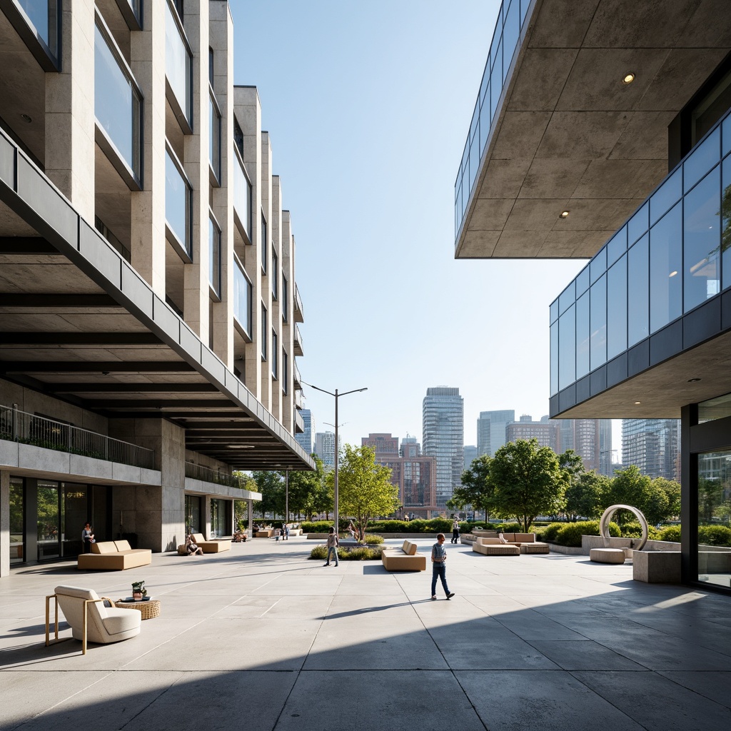 Prompt: Minimalist open plaza, industrial materials, concrete flooring, steel beams, glass roofs, natural light, modernist architecture, geometric shapes, functional design, urban landscape, cityscape views, abstract sculptures, avant-garde art pieces, brutalist elements, monochromatic color scheme, clean lines, rectangular forms, functional furniture, greenery accents, sunny day, high contrast lighting, deep depth of field, 2/3 composition, cinematic view, realistic textures, ambient occlusion.