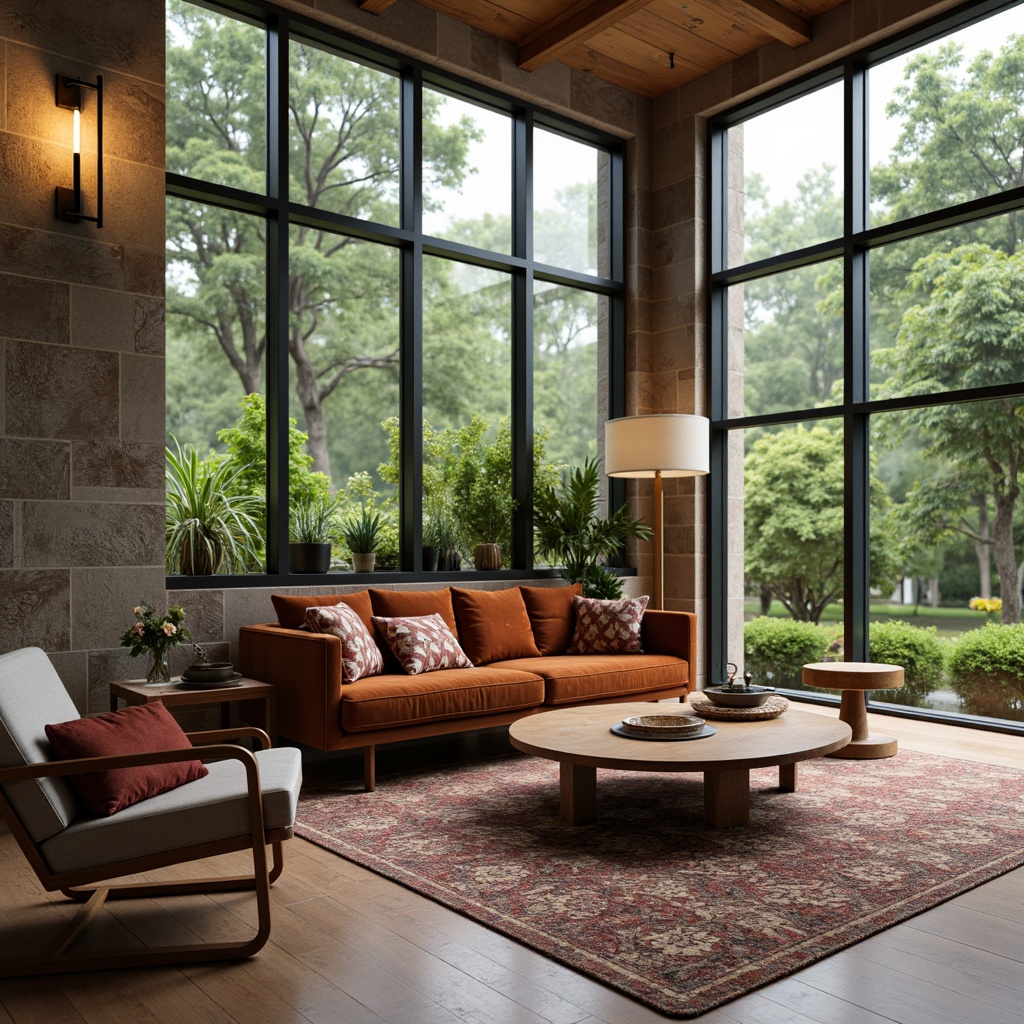 Prompt: Mid-century modern living room, sleek wooden coffee table, plush velvet sofa, geometric patterned rug, minimalist metal lamp, natural stone walls, floor-to-ceiling windows, abundant greenery, soft warm lighting, 1/1 composition, realistic textures, ambient occlusion.