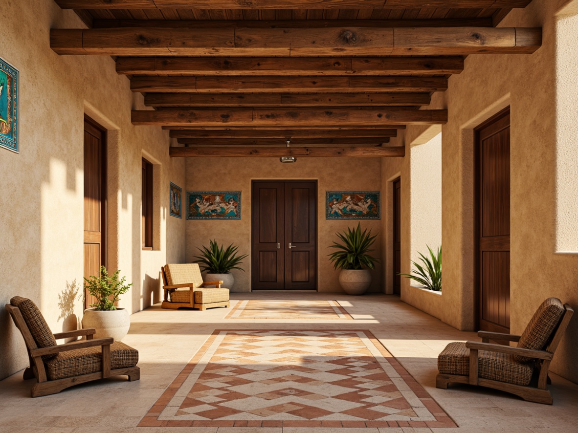 Prompt: Earth-toned adobe walls, rough-hewn stone surfaces, rustic wooden accents, woven basket patterns, sandy beige stucco, turquoise inlays, vibrant Aztec-inspired murals, geometric terracotta tiles, natural fiber textiles, warm golden lighting, shallow depth of field, 1/1 composition, intimate close-up shots, realistic weathering effects, ambient occlusion.