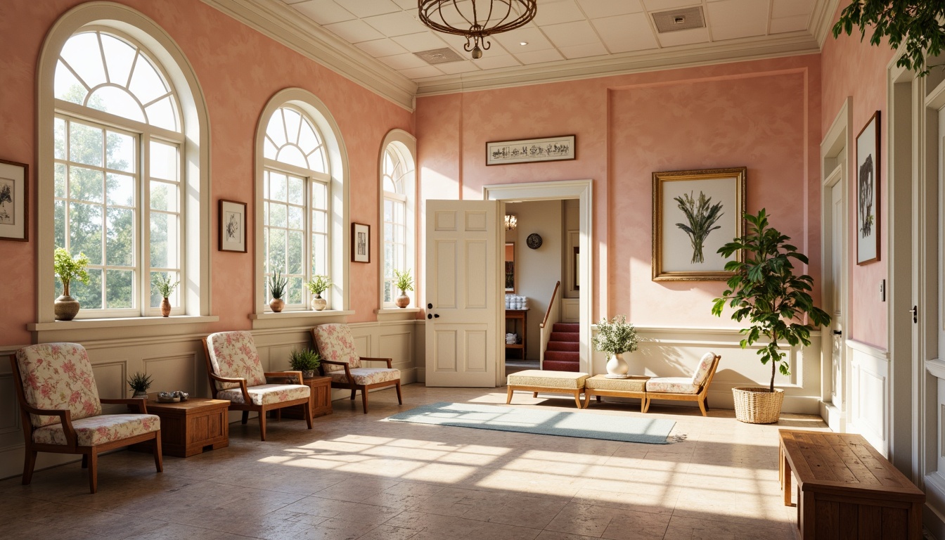 Prompt: Soft peach walls, distressed wooden accents, vintage medical equipment, floral patterns, pastel colors, calming ambiance, natural light pouring in, creamy whites, warm beige tones, gentle turquoise hues, elegant archways, ornate metal fixtures, rustic wooden floors, plush area rugs, comfortable waiting areas, serene atmosphere, warm lighting, shallow depth of field, 1/2 composition, realistic textures, ambient occlusion.