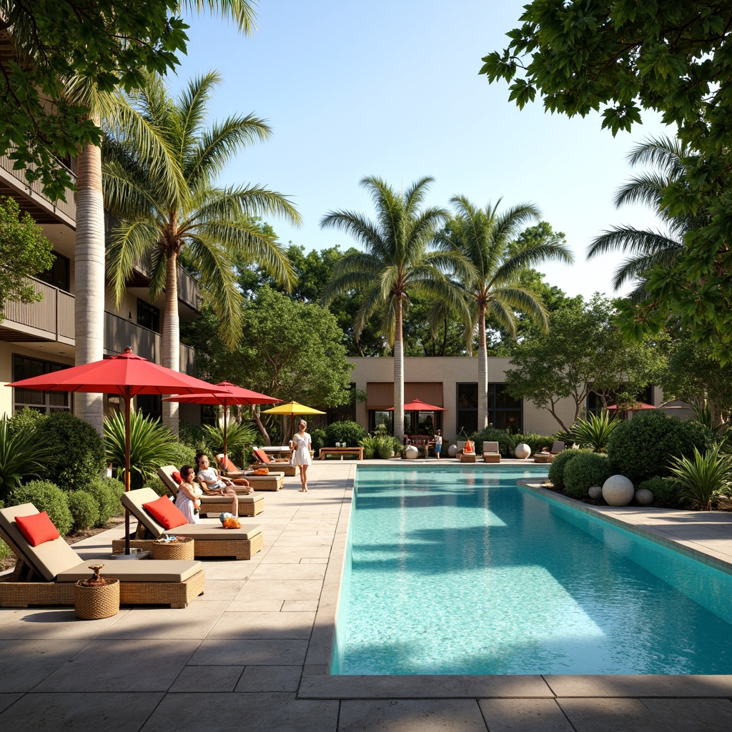 Prompt: Vibrant poolside, lush greenery, tropical plants, comfortable lounge chairs, colorful umbrellas, woven rattan furniture, natural stone flooring, water-resistant fabrics, refreshing outdoor bar, sleek metal railings, sunny day, soft warm lighting, shallow depth of field, 3/4 composition, panoramic view, realistic textures, ambient occlusion.