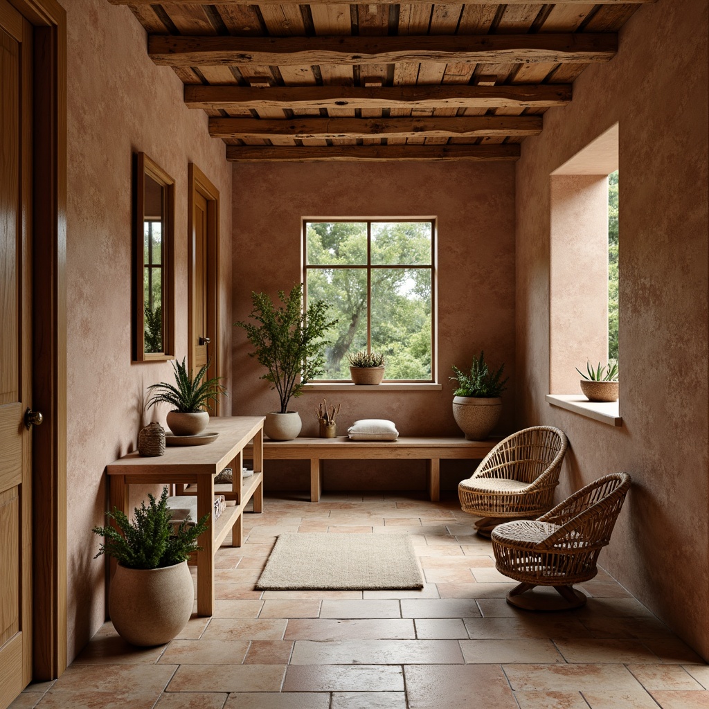 Prompt: Earthy mudroom, natural stone flooring, reclaimed wood accents, woven rattan furniture, earthy brown walls, beige ceramic tiles, sienna red brick, soft warm lighting, shallow depth of field, 3/4 composition, panoramic view, realistic textures, ambient occlusion.