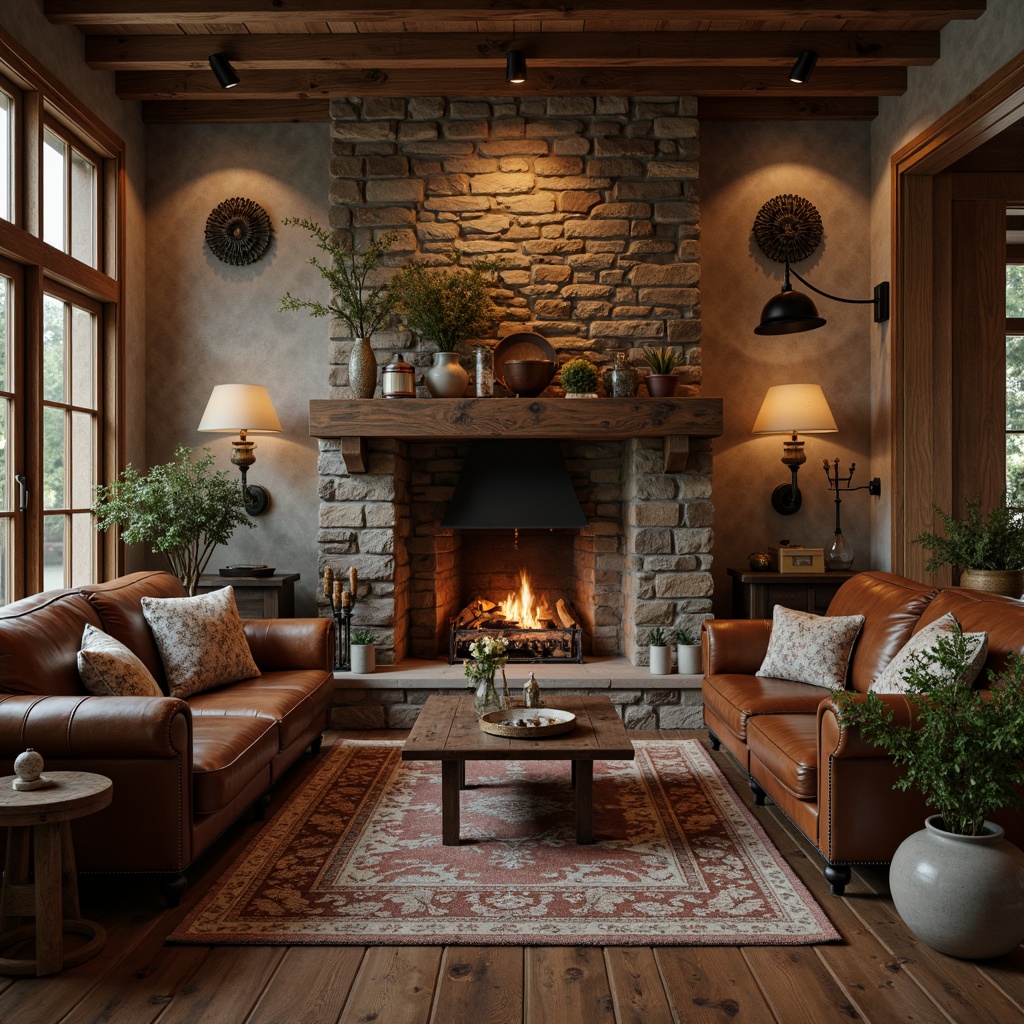 Prompt: Rustic wooden accents, distressed textures, earthy tones, natural stone walls, vintage metal decorations, worn leather furniture, cozy fireplace, warm candlelight, soft focus, shallow depth of field, 2/3 composition, rustic-chic interior design, country-inspired decor, farmhouse ambiance, inviting atmosphere.