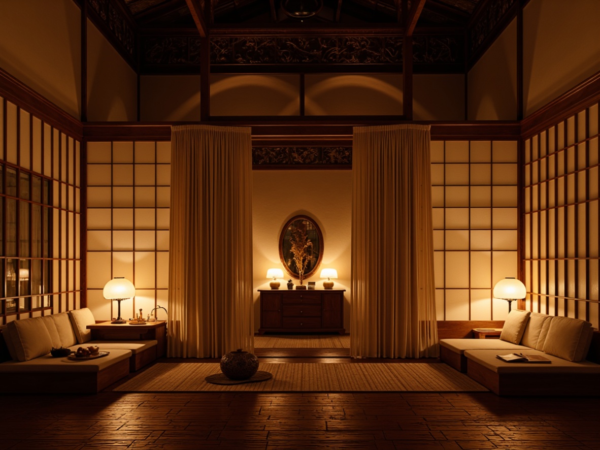 Prompt: Warm lanterns, soft silk drapes, natural wood accents, intricate carvings, traditional Japanese shoji screens, bamboo flooring, minimal ornamentation, subtle color palette, warm beige tones, ambient lighting, table lamps, floor lamps, pendant lights, rice paper shades, gentle diffused light, layered lighting, dramatic shadows, 1/2 composition, intimate atmosphere, cozy reading nooks, serene ambiance.