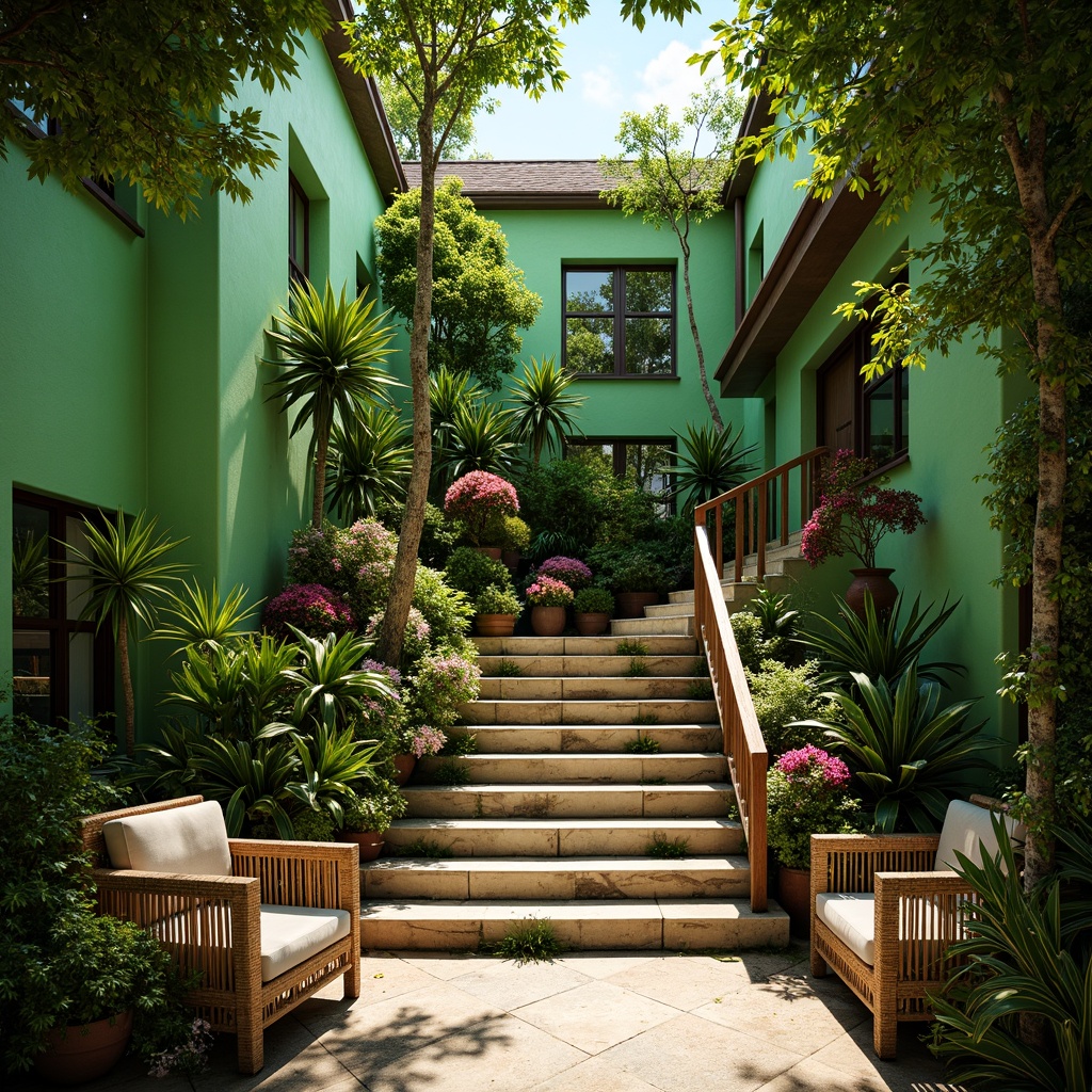 Prompt: Lush tropical staircase, exotic plants, vibrant green walls, natural stone steps, wooden handrails, rattan furniture, colorful blooms, palm trees, ferns, ivy, moss-covered surfaces, warm sunny lighting, soft shadows, 3/4 composition, atmospheric perspective, realistic textures, ambient occlusion.