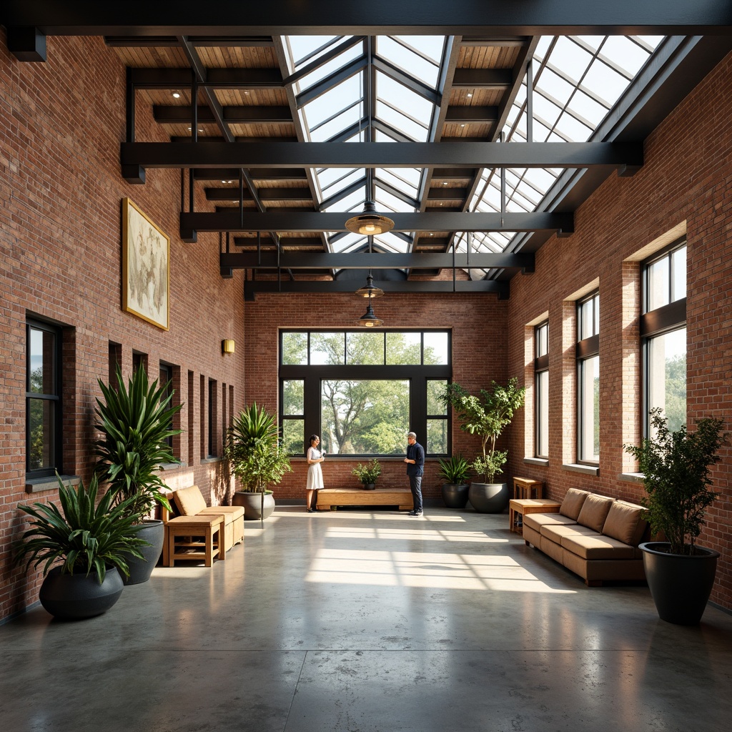 Prompt: Exposed brick walls, polished concrete floors, industrial metal beams, abundant natural light, large skylights, clerestory windows, minimalist decor, reclaimed wood accents, rustic metal fixtures, earthy color palette, soft warm lighting, shallow depth of field, 1/1 composition, realistic textures, ambient occlusion.