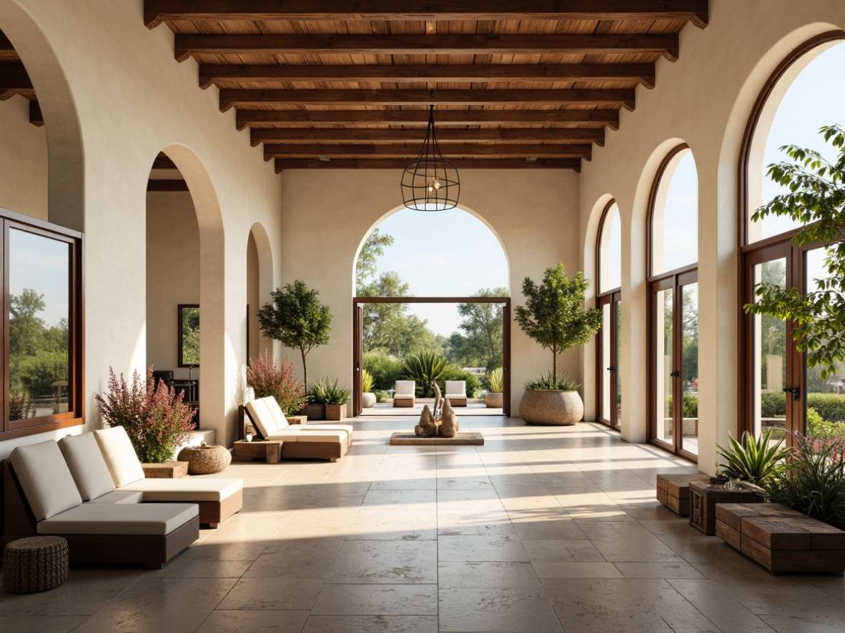 Prompt: Grand Mediterranean-style great room, high ceilings, open space layout, spacious interior, natural stone flooring, creamy white walls, ornate wooden beams, large windows, sliding glass doors, outdoor access, lush greenery, vibrant flowers, sunny day, warm soft lighting, shallow depth of field, 3/4 composition, panoramic view, realistic textures, ambient occlusion, plush furniture, comfortable seating areas, rustic wooden accents, earthy color palette.