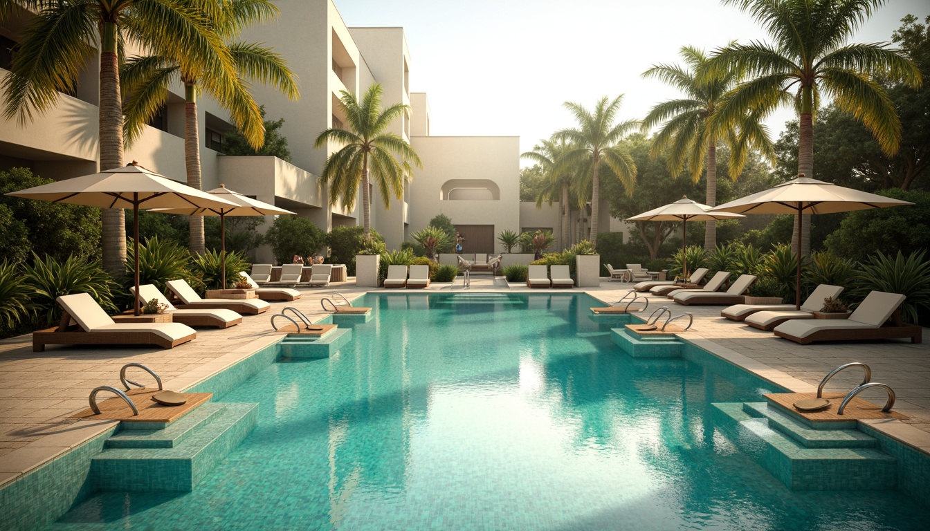 Prompt: Curved pool lines, Art Deco patterns, chrome accents, luxurious lounge chairs, umbrella tables, sleek diving boards, geometric mosaics, turquoise waters, sun-kissed decks, palm tree surroundings, tropical landscaping, morning mist, warm golden lighting, shallow depth of field, 1/2 composition, symmetrical framing, realistic water textures, ambient occlusion.