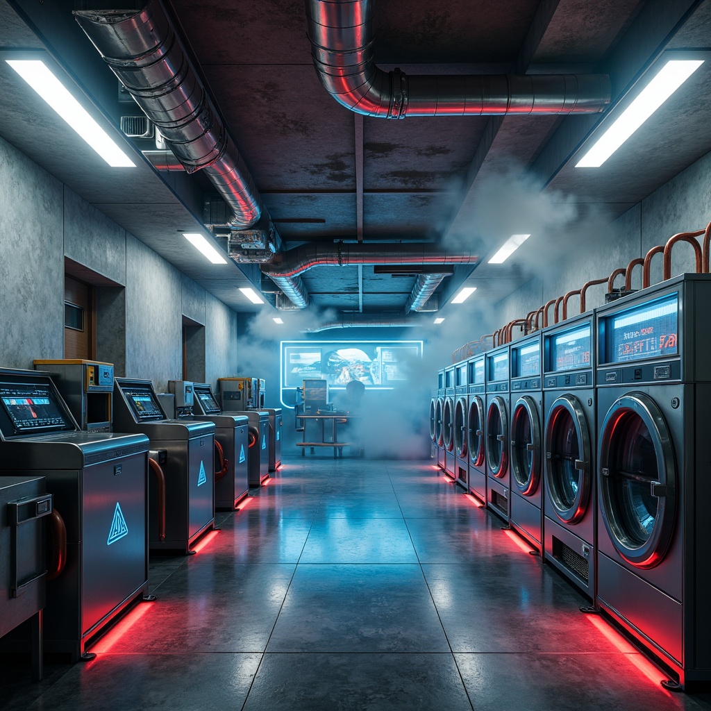 Prompt: Washed concrete walls, metallic accents, neon-lit laundry machines, futuristic control panels, holographic displays, iridescent fabrics, glowing pipes, steam-emitting vents, sleek chrome handles, angular metal frames, retro-futuristic color schemes, high-gloss finishes, reflective surfaces, dynamic lighting effects, shallow depth of field, 1/1 composition, cinematic angles, hyper-realistic textures, ambient occlusion.