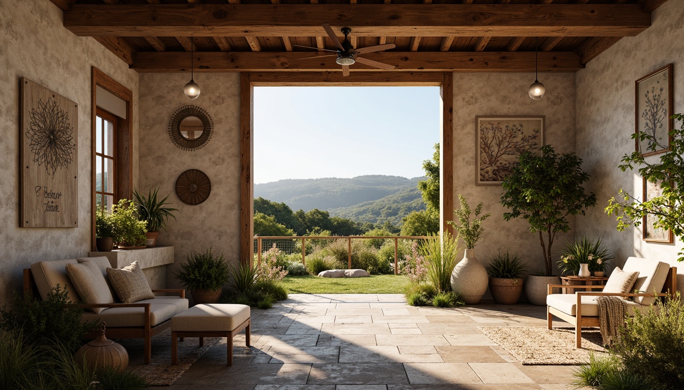 Prompt: Rustic farmhouse, natural materials, reclaimed wood accents, earthy tones, stone walls, wooden beams, vintage metal decor, woven textiles, organic patterns, rural landscape, rolling hills, wildflowers, sunny afternoon, warm soft lighting, shallow depth of field, 1/1 composition, realistic textures, ambient occlusion.