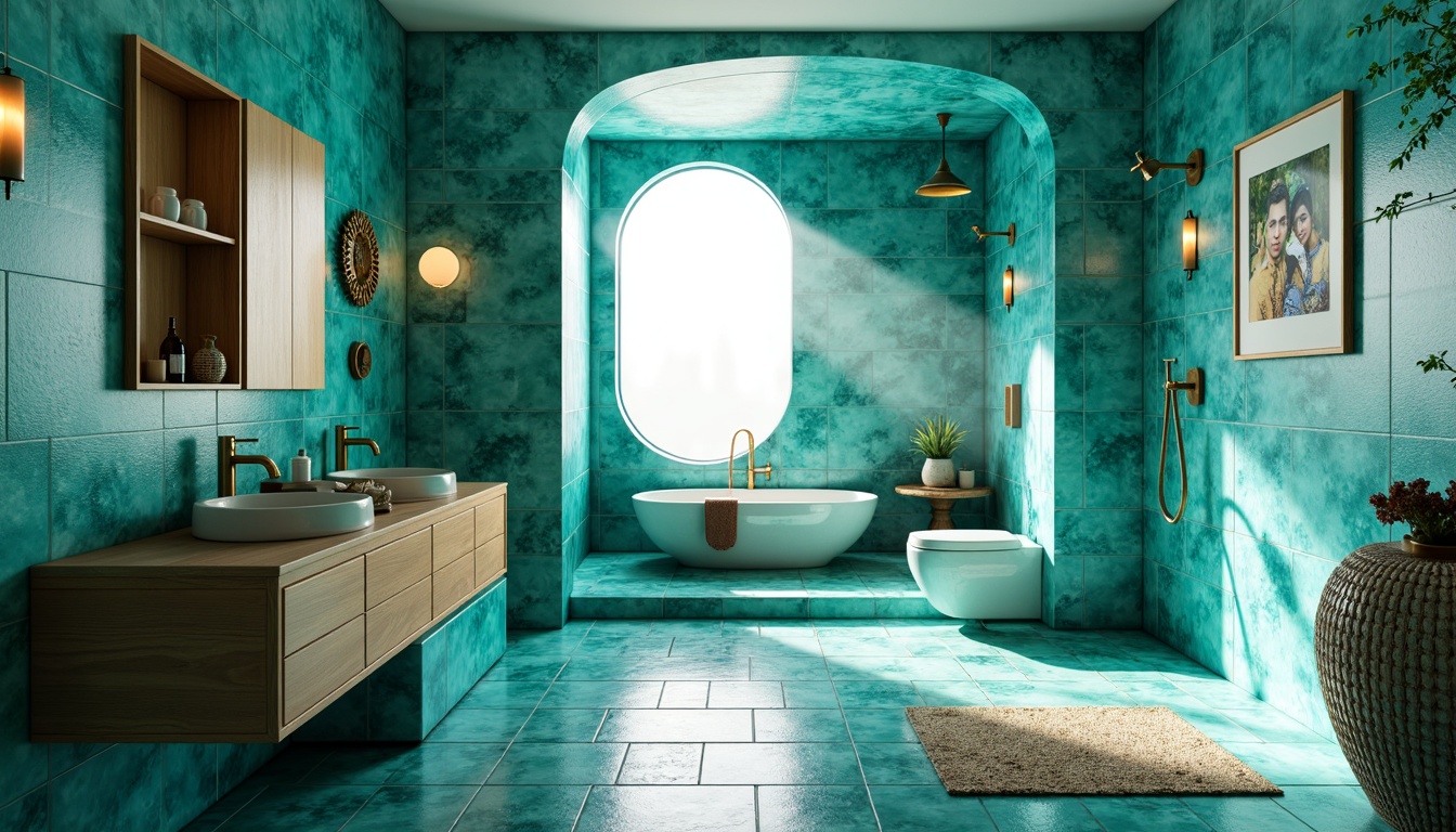 Prompt: Vibrant turquoise bathroom, irregular shapes, bold geometric patterns, eclectic mix of materials, luxurious marble countertops, polished chrome fixtures, artistic ceramic tiles, abstract sculptures, atmospheric pendant lighting, warm golden accents, free-flowing curves, avant-garde cabinetry, textured glass shower doors, futuristic sink basins, ambient misting system, 1/1 composition, shallow depth of field, realistic reflections.