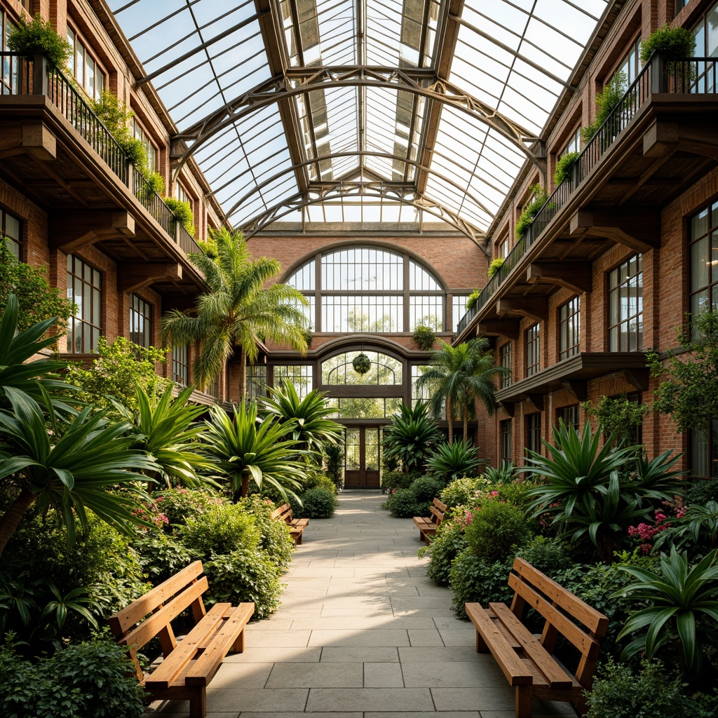 Prompt: Grand Victorian greenhouse interior, lush tropical plants, warm natural light, ornate wooden benches, intricate glass roofs, vintage metal frameworks, elegant stone floors, rustic brick walls, floral patterns, soft misting systems, gentle air circulation, automated ventilation controls, humidification systems, climate control technologies, sustainable energy solutions, eco-friendly materials, natural textiles, vibrant greenery, serene ambiance, warm color tones, soft focus, shallow depth of field, 1/2 composition.