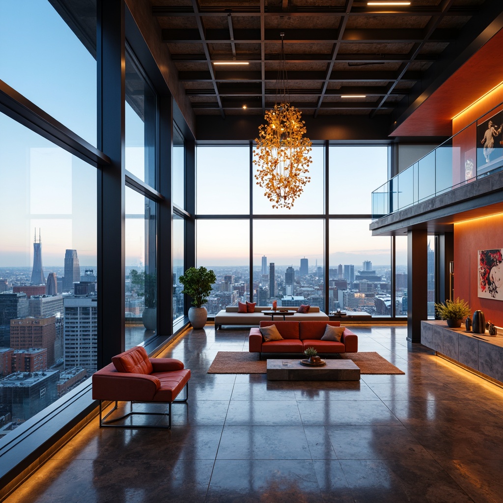 Prompt: Panoramic penthouse, futuristic architecture, sleek metal beams, floor-to-ceiling windows, minimalist decor, open-plan living area, spacious high ceiling, abundant natural light, breathtaking cityscape view, modern chandelier, luxurious marble flooring, ambient LED lighting, automated smart home systems, cozy reading nook, plush velvet sofas, abstract artwork, vibrant accent walls, 1/1 composition, shallow depth of field, soft warm glow, realistic reflections.