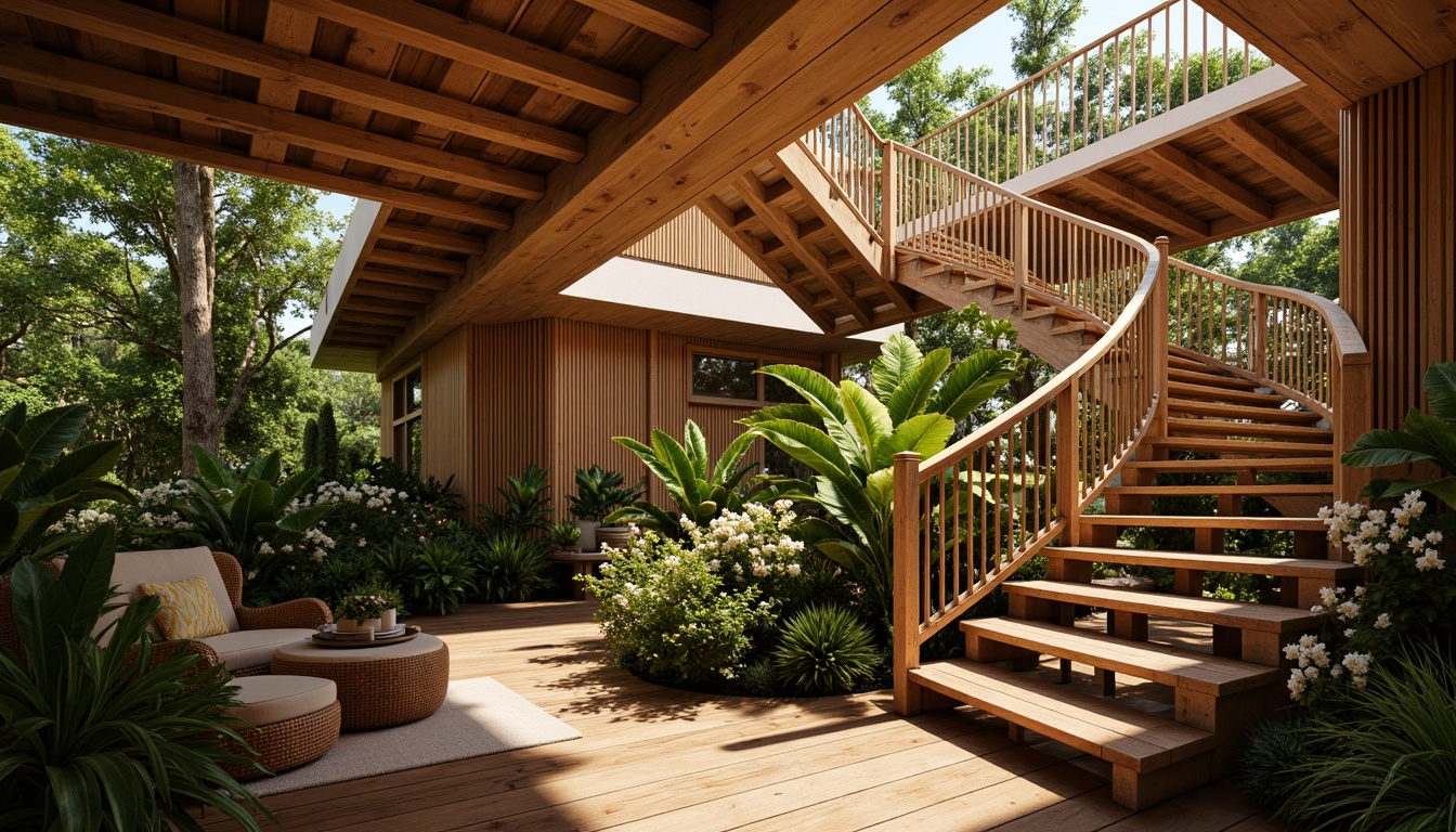 Prompt: Tropical staircase, rich wood tones, ornate handrails, curved balusters, exotic plant patterns, woven rattan accents, natural fiber textiles, warm golden lighting, shallow depth of field, 1/1 composition, panoramic view, realistic textures, ambient occlusion, smooth wooden steps, polished metal fixtures, elegant spiral design, lush greenery, blooming flowers, sunny day.