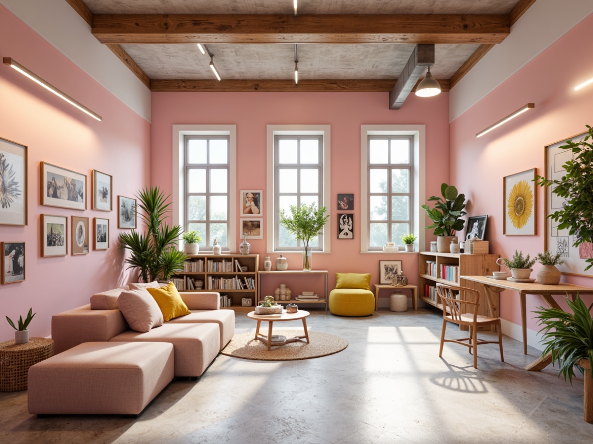 Prompt: Vibrant modern art studio, sleek minimalistic interior, pastel color scheme, soft pink accents, creamy whites, rich charcoal grays, bold yellow highlights, natural wood textures, industrial metal tones, eclectic artwork displays, cozy reading nooks, warm task lighting, shallow depth of field, 1/2 composition, realistic renderings, ambient occlusion.