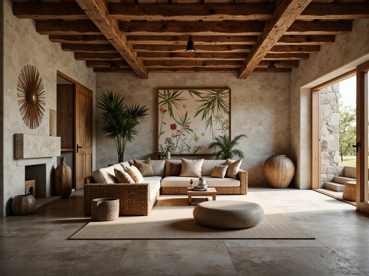 Prompt: Rustic farmhouse, natural stone walls, reclaimed wood accents, earthy color palette, wooden beams, vintage metal decor, woven textiles, botanical prints, distressed finishes, organic shapes, cozy ambiance, warm lighting, shallow depth of field, 1/1 composition, realistic textures, ambient occlusion.