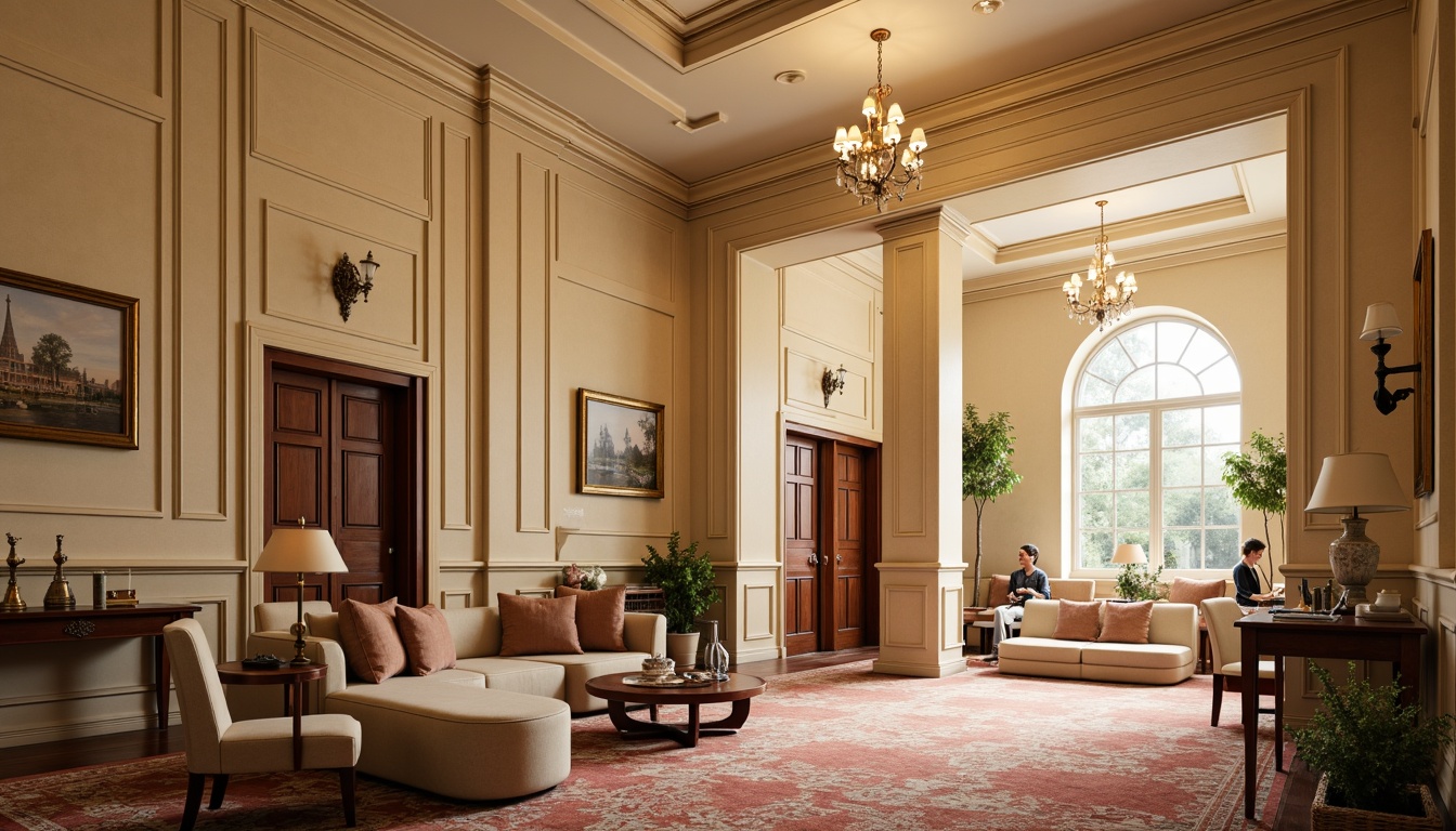 Prompt: Warm beige walls, rich wood accents, soft cream ceilings, elegant chandeliers, ornate moldings, refined columns, symmetrical facades, grand entranceways, sweeping staircases, luxurious carpets, classic furniture pieces, earthy tone upholstery, subtle gold embellishments, calming natural light, soft warm glow, 1/1 composition, realistic textures, ambient occlusion.