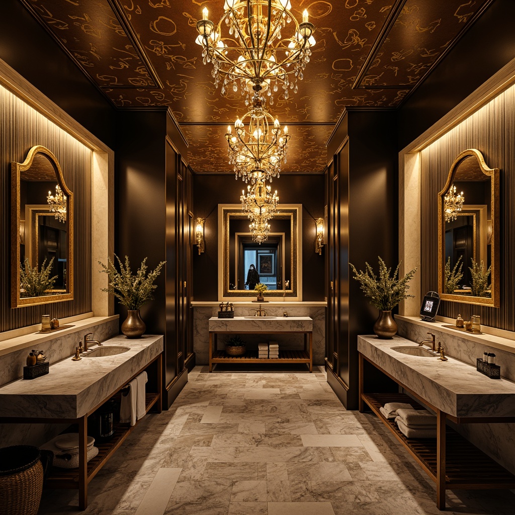 Prompt: \Dramatic bathroom, ornate fixtures, lavish chandeliers, warm golden lighting, rich textures, marble countertops, bold color palette, abstract patterns, eclectic decorative accents, free-form mirrors, sculptural sink basins, luxurious fabrics, moody shadows, high-contrast lighting, spotlighting, ambient glow, 1/1 composition, realistic reflections, atmospheric rendering.\