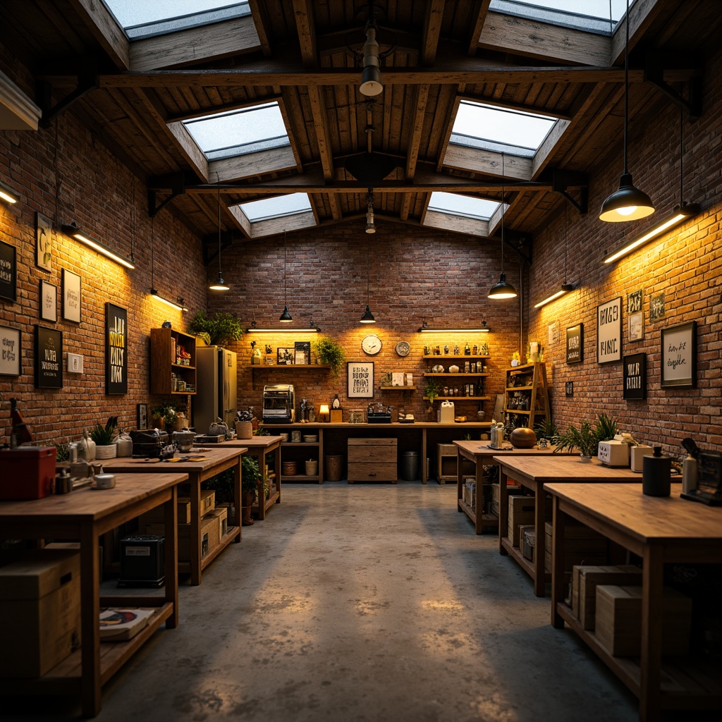 Prompt: Industrial-style workshop, exposed brick walls, metal beams, wooden workbenches, toolboxes, inspirational quotes, creative decorations, warm yellow lighting, pendant lamps, LED strip lights, natural light pouring in through skylights, diffused softbox lighting, high contrast ratio, shallow depth of field, 1/1 composition, realistic textures, ambient occlusion.