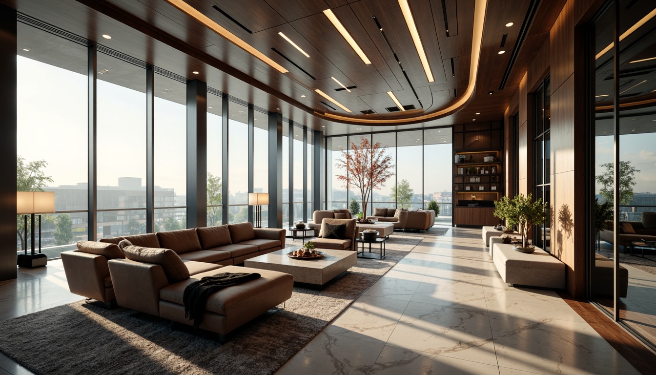 Prompt: Sleek modern interior, curved lines, chrome accents, polished marble floors, minimalist decor, floor-to-ceiling windows, natural daylight, soft warm glow, table lamps, pendant lights, LED strips, indirect lighting, ambient illumination, futuristic ambiance, metallic sheen, monochromatic color scheme, luxurious textures, lavish furnishings, Streamline Moderne aesthetic, 1920s Art Deco inspiration, geometric patterns, ornate metalwork, sophisticated atmosphere, high-end materials, precise shadows, shallow depth of field, 1/1 composition, realistic reflections.