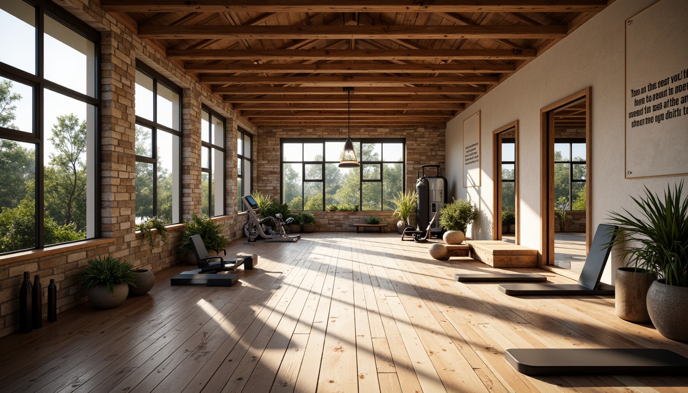 Prompt: Rustic home gym, wooden flooring, neutral color palette, natural stone walls, large windows, abundant natural light, minimalistic equipment layout, free weights, exercise machines, mirrored walls, motivational quotes, potted plants, ambient soft lighting, shallow depth of field, 3/4 composition, realistic textures, warm atmosphere.