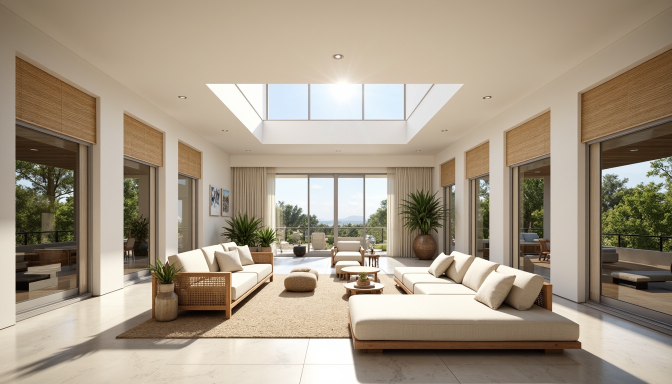 Prompt: Spacious great room, high ceilings, large windows, sliding glass doors, minimal window framing, clerestory windows, skylights, open floor plan, reflective flooring, light-colored walls, sheer curtains, natural textiles, woven bamboo shades, wooden accents, modern minimalist decor, warm sunny day, soft diffused lighting, shallow depth of field, 1/1 composition, panoramic view, realistic textures, ambient occlusion.