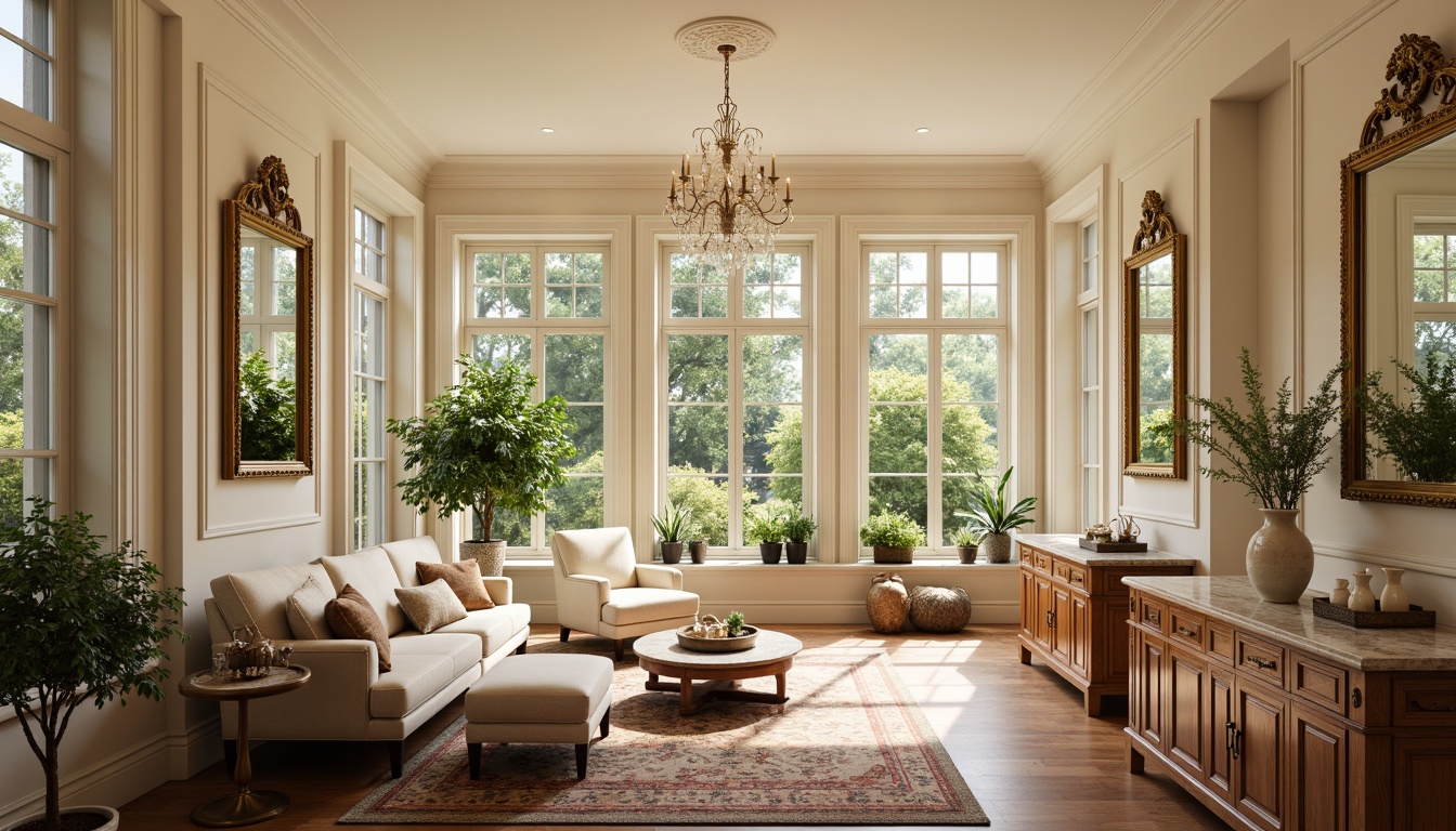 Prompt: Warm sunroom interior, classicism style, soft cream walls, rich walnut wood flooring, ornate moldings, elegant columns, comfortable plush furniture, warm beige upholstery, subtle golden accents, vintage bronze hardware, lush greenery, potted plants, natural stone vase, creamy marble countertops, classic ornate mirrors, crystal chandelier, soft warm lighting, shallow depth of field, 1/1 composition, realistic textures, ambient occlusion.