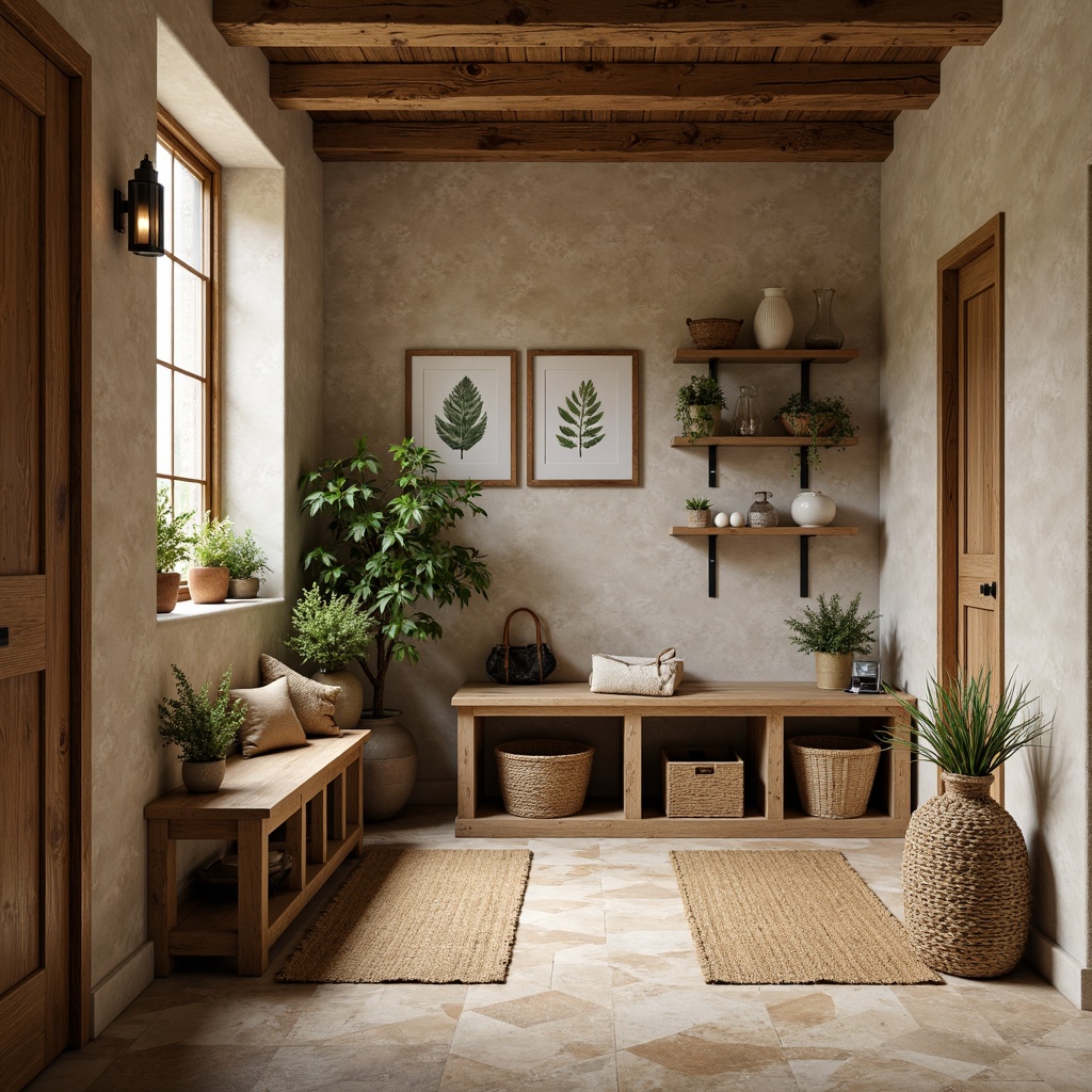 Prompt: Earthy mudroom, natural stone flooring, warm beige walls, rustic wooden accents, earthy brown furniture, woven baskets, jute rugs, organic textures, soft warm lighting, cozy atmosphere, nature-inspired decor, botanical prints, vintage outdoor gear, distressed wood shelves, ceramic vases, greenery-filled planters, natural fibers, woven storage bins, 1/1 composition, shallow depth of field, realistic rendering.