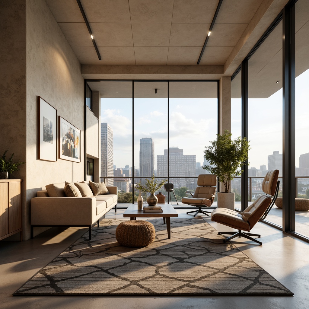 Prompt: Minimalist living room, sleek low-profile sofa, metallic coffee table, geometric-patterned rug, floor-to-ceiling windows, urban cityscape view, modern art pieces, LED ambient lighting, warm beige walls, polished concrete floors, Scandinavian-inspired decor, ergonomic chair design, adjustable headrests, breathable mesh fabric, rustic wooden accents, hidden storage compartments, 3/4 composition, soft focus blur, realistic textures, subtle color grading.