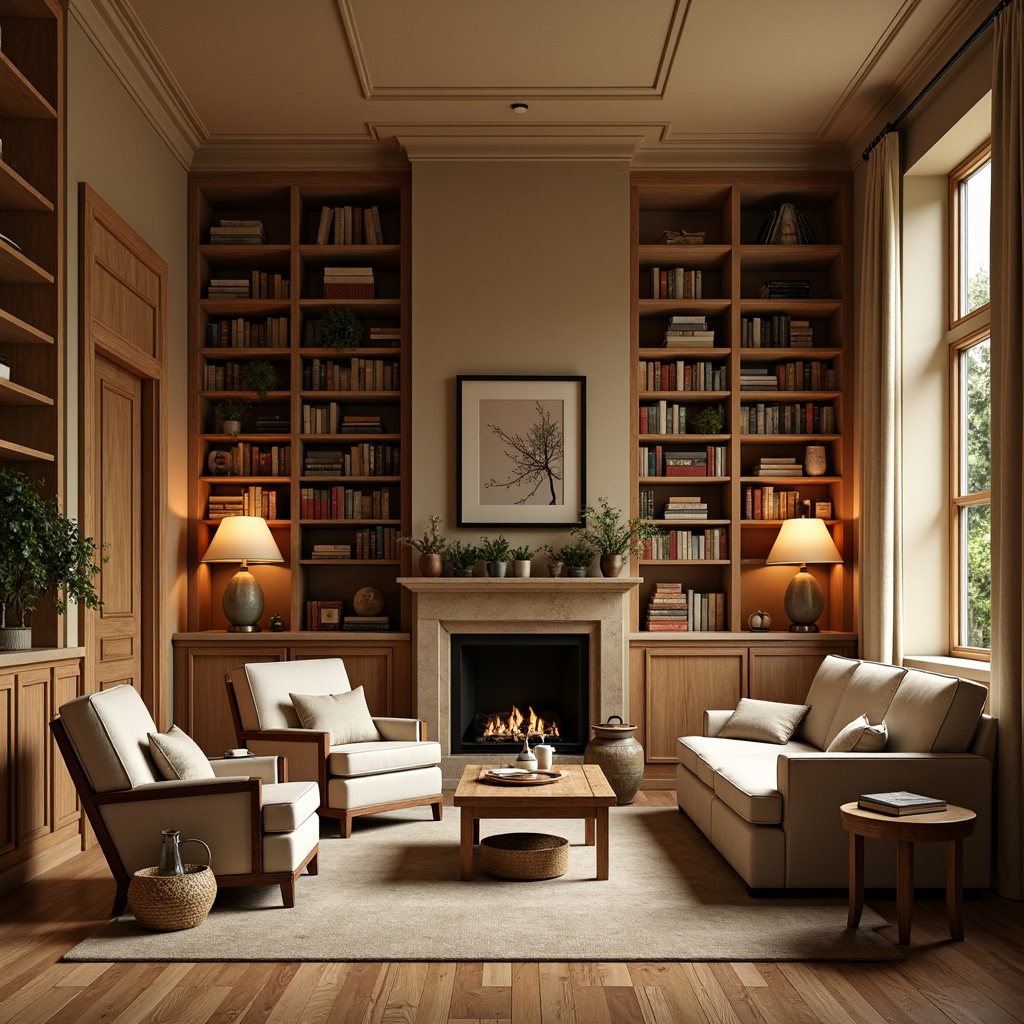 Prompt: Warm beige walls, rich wood accents, plush armchairs, soft cushioning, velvety sofas, warm lighting, floor lamps, table lamps, natural fabrics, woven baskets, earthy tones, comforting textures, vintage bookshelves, classic novels, rustic wooden tables, cozy reading nooks, comfortable ottomans, gentle color palette, calming atmosphere, quiet ambiance, peaceful retreat.