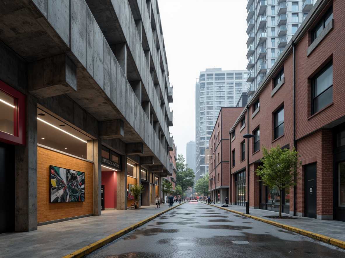 Prompt: Raw concrete structures, bold industrial accents, vibrant pops of color, urban cityscape, overcast skies, dramatic shadows, geometric shapes, rugged textures, brutalist architecture, statement walls, abstract artwork, metallic tones, exposed ductwork, polished concrete floors, industrial lighting fixtures, atmospheric mist, high contrast ratios, 1/2 composition, cinematic depth of field, realistic ambient occlusion.