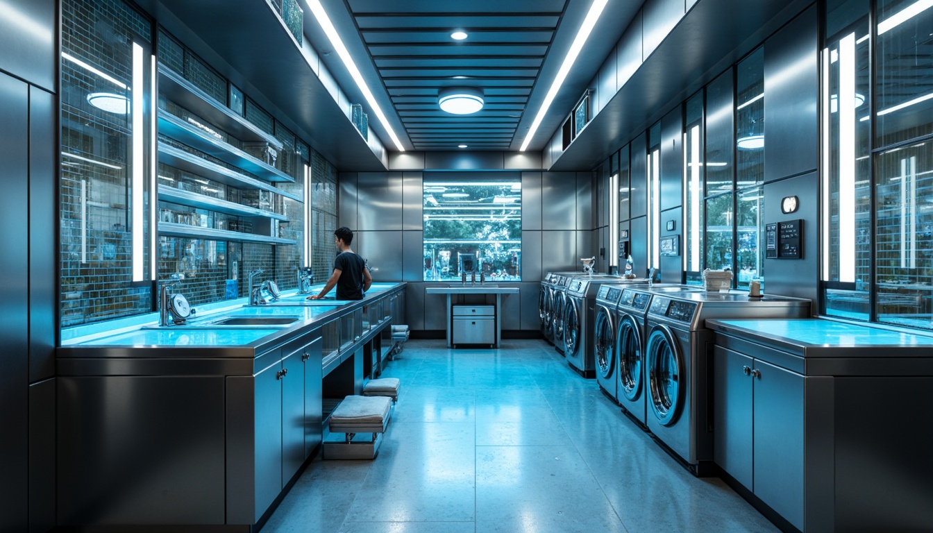 Prompt: Futuristic laundry room, metallic silver walls, neon blue accents, sleek glass countertops, high-tech washing machines, futuristic control panels, minimalist shelving units, LED lighting strips, polished chrome fixtures, iridescent tile backsplashes, soft ambient glow, shallow depth of field, 3/4 composition, panoramic view, realistic reflective surfaces, ambient occlusion.