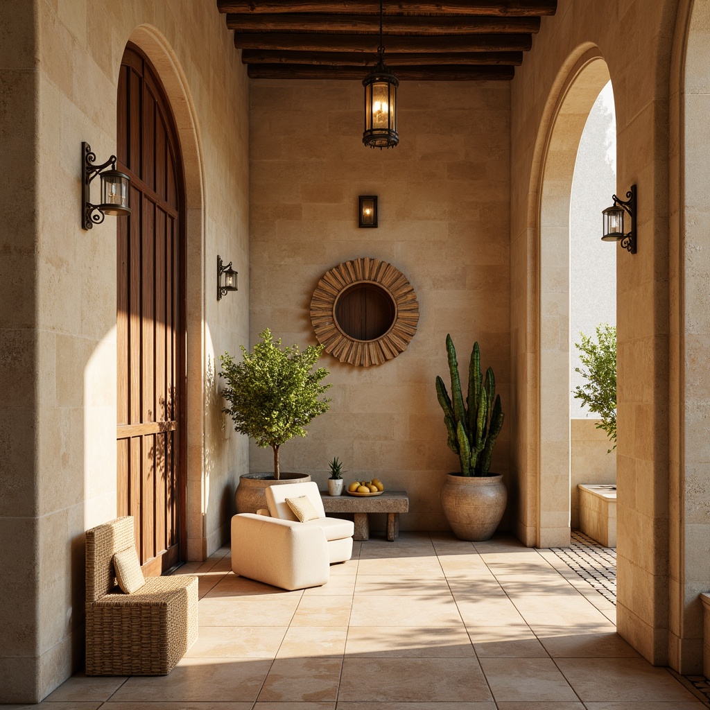 Prompt: Warm Mediterranean ambiance, rustic stone walls, distressed wooden accents, soft creamy stucco, weathered terracotta tiles, natural limestone finishes, earthy color palette, warm beige tones, sun-kissed textures, ornate metalwork, curved archways, soft golden lighting, ambient shadows, 1/1 composition, intimate close-up shots, realistic renderings, subtle depth of field.