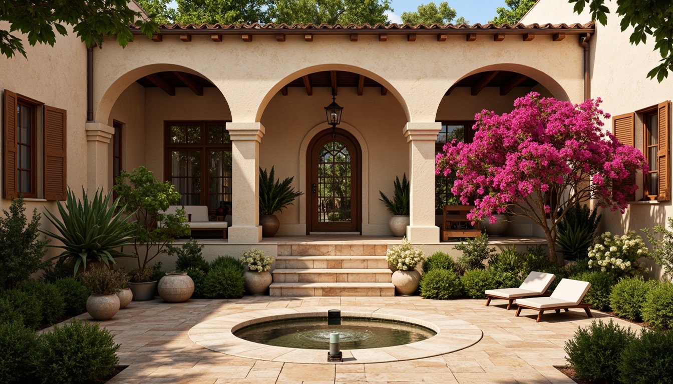 Prompt: Warm Mediterranean villa, rustic stone walls, curved archways, ornate ironwork, glazed ceramic tiles, vibrant bougainvillea flowers, lush greenery, tranquil courtyard, ornamental fountains, wooden shutters, distressed wood doors, natural stone flooring, earthy color palette, soft warm lighting, shallow depth of field, 1/1 composition, realistic textures, ambient occlusion.