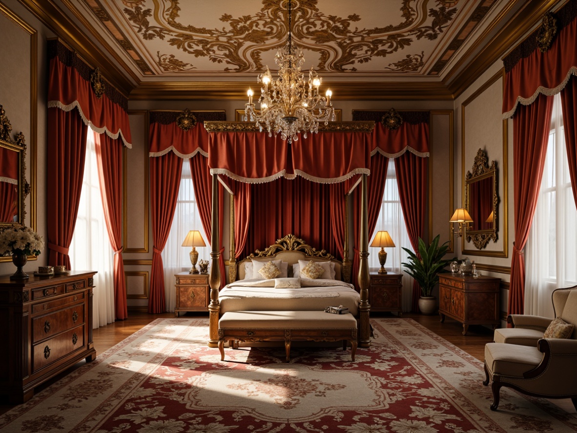 Prompt: Luxurious bedroom, rich velvet drapes, ornate gold leaf accents, intricately carved wooden furniture, plush soft carpets, majestic four-poster bed, delicate lace trimmings, crystal chandelier, grandiose ceiling murals, warm golden lighting, lavish textiles, ornamental mirrors, gilded frames, opulent fabrics, subtle shadows, dramatic archways, 3/4 composition, shallow depth of field, realistic textures, ambient occlusion.