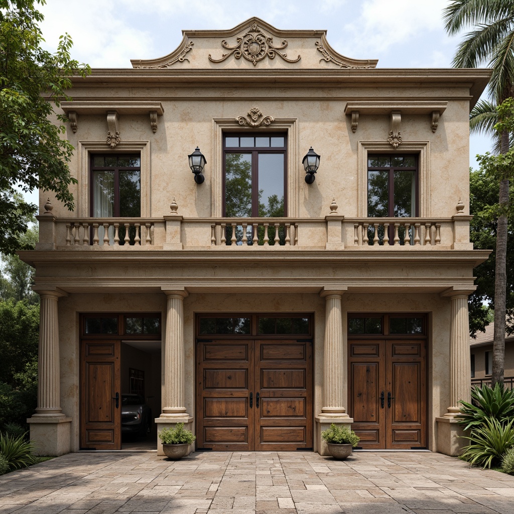 Prompt: Ornate garage facade, symmetrical composition, grand entrance gates, rustic stone walls, decorative pilasters, ornamental cornices, arched windows, classic pediments, intricate carvings, weathered bronze doors, vintage lanterns, distressed wood accents, earthy color palette, natural stone flooring, subtle texture variations, warm soft lighting, 1/1 composition, detailed realistic rendering.