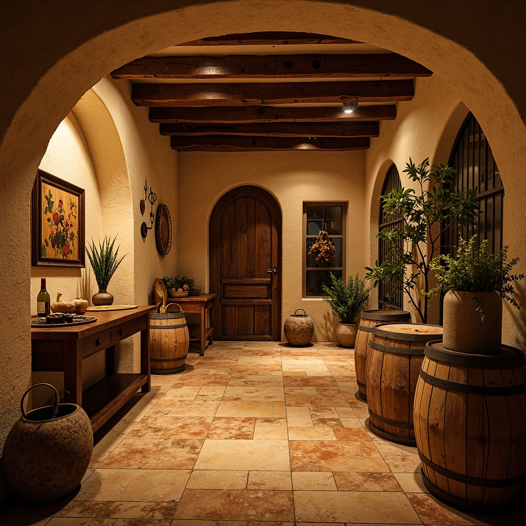 Prompt: Rustic wine cellar, Mediterranean-style architecture, earthy tones, natural stone floors, travertine patterns, reclaimed wood accents, distressed wooden crates, wine barrels, dim warm lighting, soft shadows, intimate ambiance, curved archways, ornate metalwork, terracotta tiles, Spanish-inspired mosaics, warm beige colors, cozy nooks, vintage wine-making equipment, rich wood textures, atmospheric perspective, 1/2 composition, warm color palette.