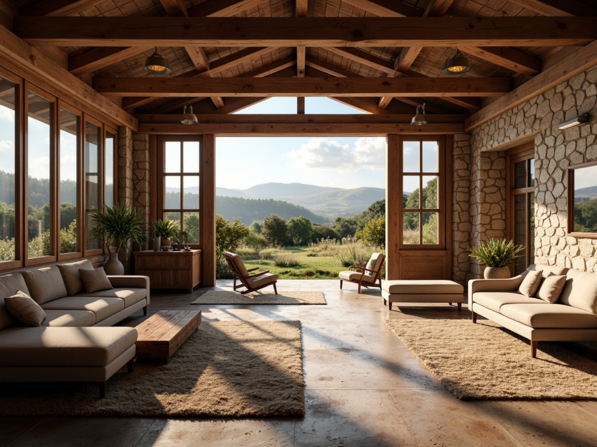 Prompt: Rustic farmhouse, open floor plan, high ceilings, exposed wooden beams, natural stone walls, earthy color palette, vintage furniture, plush area rugs, pendant lighting fixtures, large windows, sliding glass doors, panoramic countryside views, rolling hills, lush greenery, sunny afternoon, warm soft lighting, shallow depth of field, 1/1 composition, realistic textures, ambient occlusion.