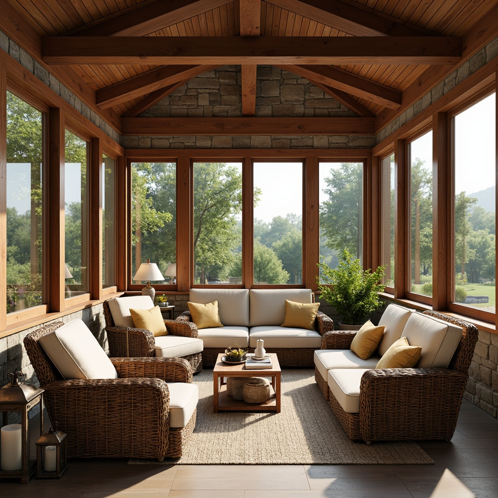 Prompt: Rustic sunroom, classicism style, wooden beams, large windows, natural stone walls, comfortable wicker furniture, plush cushions, warm beige upholstery, elegant armchairs, ornate coffee tables, distressed wood accents, vintage metal lanterns, soft warm lighting, shallow depth of field, 3/4 composition, panoramic view, realistic textures, ambient occlusion.