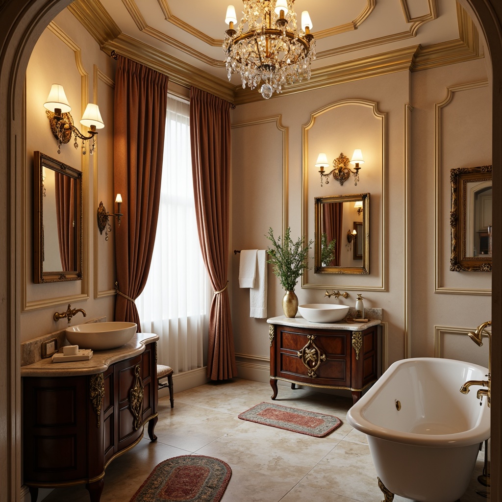 Prompt: Luxurious powder room, ornate mirrors, antique furniture, soft warm lighting, delicate crystal chandeliers, velvet drapes, rich wood tones, intricately carved wooden vanities, gold leaf accents, marble countertops, freestanding tubs, plush area rugs, elegant faucets, wall-mounted sinks, decorative wall art, traditional architectural details, warm beige colors, subtle patterned wallpapers, 1/1 composition, shallow depth of field, realistic textures.