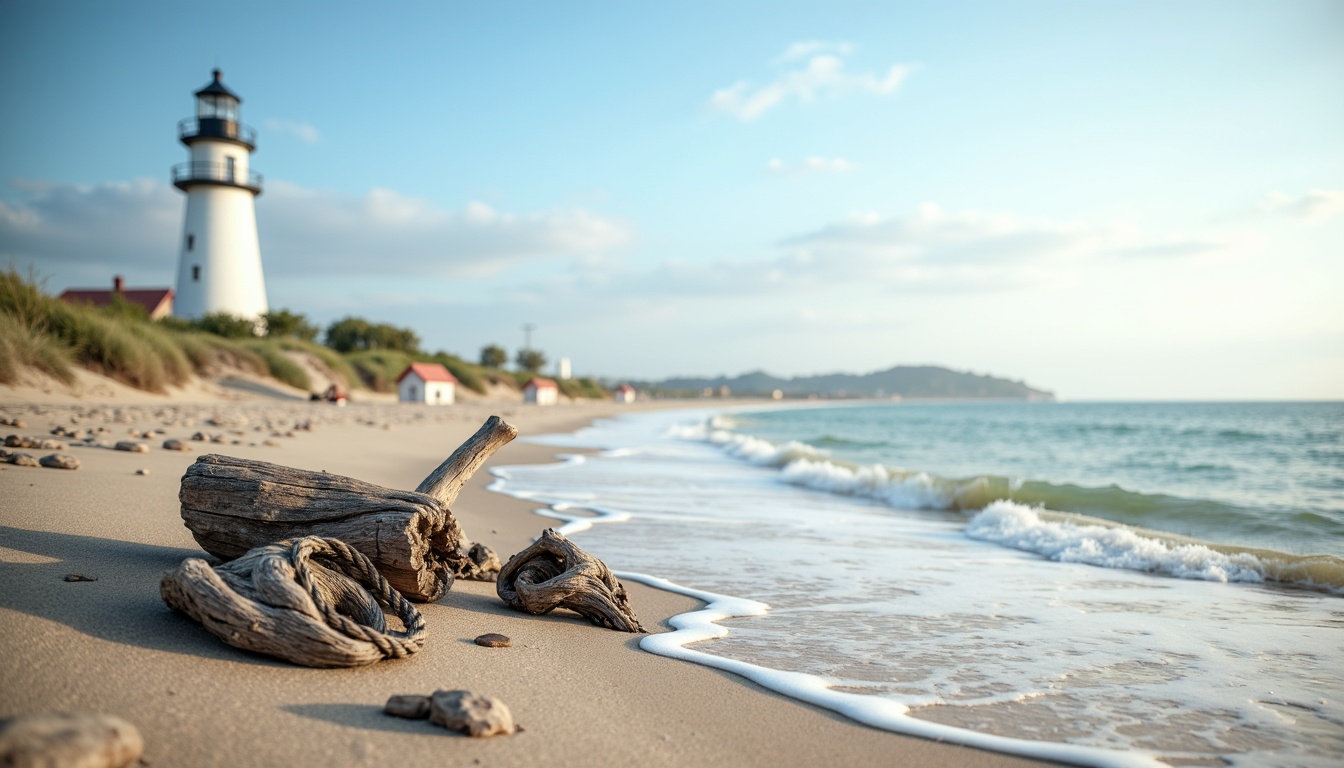 Prompt: Calming coastal scenery, soft sandy beaches, gentle ocean waves, clear blue skies, weathered driftwood, nautical ropes, rustic wooden docks, serene lighthouses, misty morning fog, warm sunny afternoons, shallow depth of field, 1/2 composition, natural color palette, soothing pastel hues, creamy whites, blues and greens, earthy browns, coral pinks, ocean-inspired textures, subtle gradient effects, realistic ambient lighting.