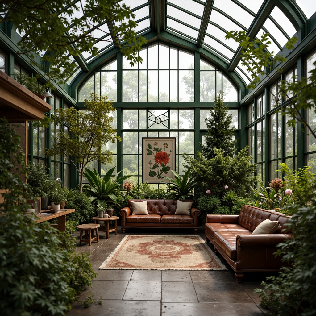 Prompt: Elegant Victorian greenhouse interior, lush greenery, exotic plants, ornate metal frames, intricate wooden benches, distressed leather armchairs, vintage botanical prints, antique gardening tools, rustic stone flooring, warm natural lighting, shallow depth of field, 1/1 composition, soft focus effect, realistic plant textures, ambient occlusion.