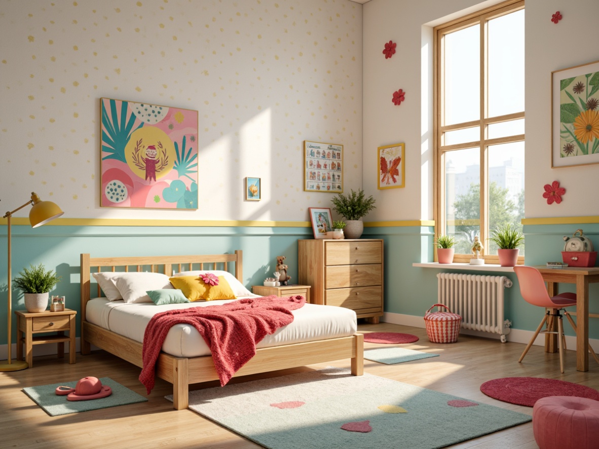 Prompt: Vibrant kids' room, playful colors, pastel hues, soft whites, creamy yellows, sky blues, bright coral pinks, lively greens, fun polka dots, whimsical stripes, textured wallpapers, cozy rugs, modern furniture, natural wood accents, cheerful decor, educational posters, interactive toys, sunny afternoon light, warm glow lighting, shallow depth of field, 1/2 composition, casual snapshot style.