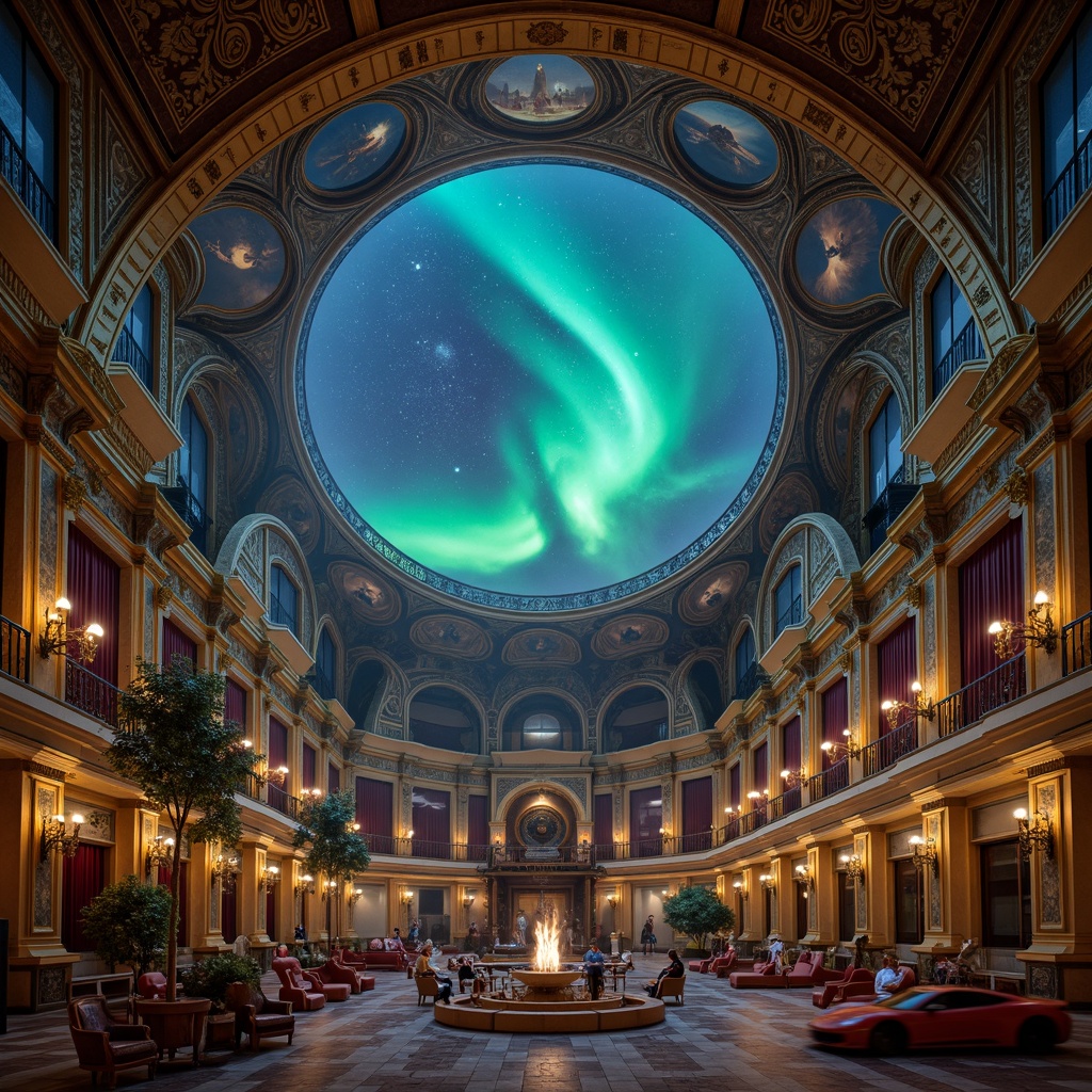 Prompt: Ornate planetarium, celestial bodies, vibrant aurora borealis, intricate stucco details, gilded frescoes, ornamental ironwork, Baroque-inspired architecture, lavish furnishings, velvet drapes, crystal chandeliers, golden accents, soft warm lighting, shallow depth of field, 1/1 composition, realistic textures, ambient occlusion, starry night sky, atmospheric effects, misty ambiance, luxurious seating areas, astronomical instruments, telescopes, observatory settings.