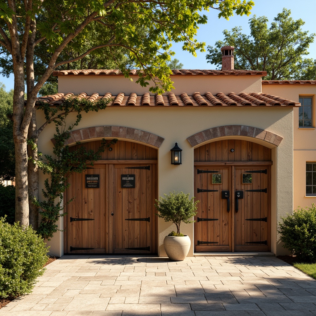 Prompt: Rustic family garage, classicism style, wooden doors, stone walls, earthy tones, natural textures, vintage metal signs, distressed wood accents, warm beige stucco, terracotta roof tiles, ornate ironwork, lantern-style lighting, lush greenery, overgrown vines, sunny afternoon, soft warm lighting, shallow depth of field, 3/4 composition, panoramic view, realistic textures, ambient occlusion.