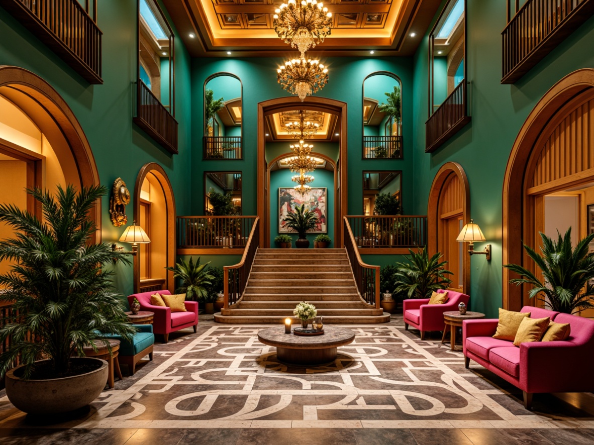 Prompt: Vibrant hotel lobby, rich jewel tones, emerald green walls, amber lighting, polished marble floors, ornate metalwork, luxurious velvet furnishings, bold geometric patterns, eclectic artwork, oversized decorative mirrors, lavish chandeliers, warm golden wood accents, opulent drapery, majestic staircase, grandiose archways, soft warm glow, shallow depth of field, 1/2 composition, cinematic lighting, realistic textures, ambient occlusion.